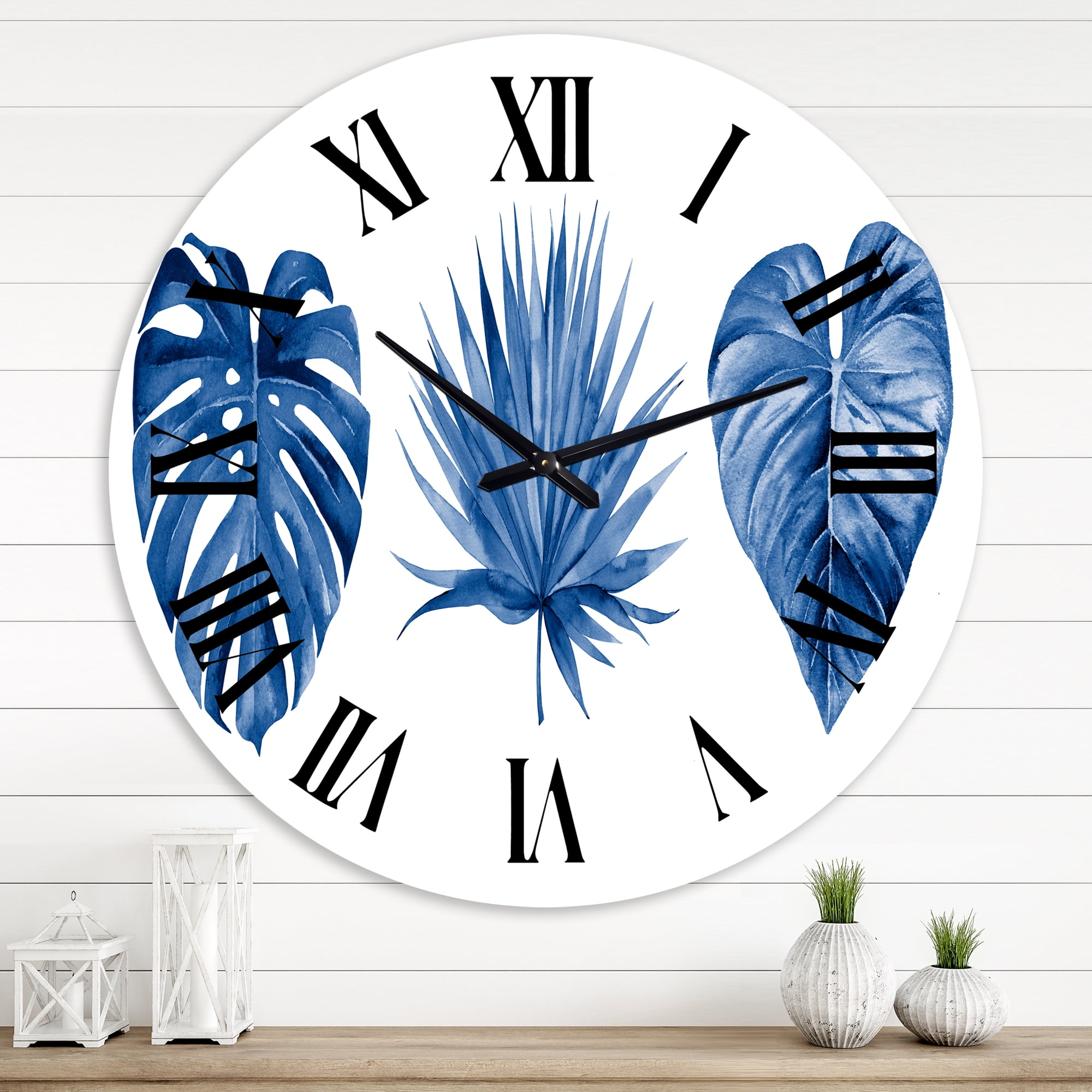 Designart 'Classic Blue Tropical Leaves' Tropical Wall Clock