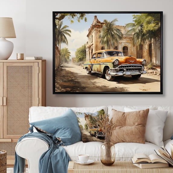 Designart "Classic Cuban Car in Vibrant Orange" Transportation Floater Framed Canvas Art Print