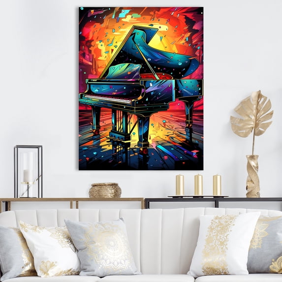Designart "Classic Elegance of Blue and Yellow Piano" Music Canvas Wall Art - Vintage Blue Music Piano Entryway Wall Art Print