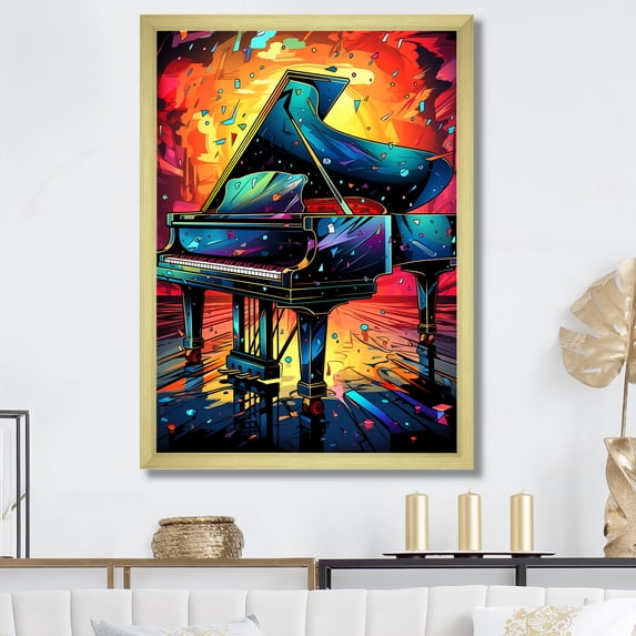 Designart "Classic Elegance of Blue and Yellow Piano" Music Framed Wall Art - Vintage Blue Music Piano Hallway Framed Wall Art Decor