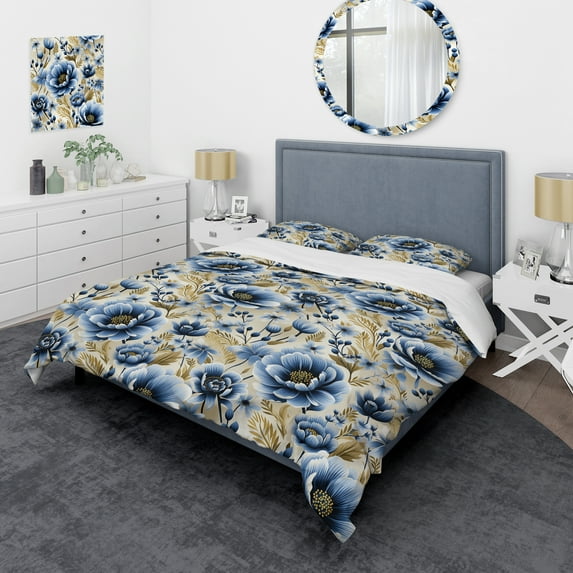 Designart "Classic Floral Beauty In Blue And Beige I" Floral Bedding Covert Set - Cottage Bed Set With 2 Shams