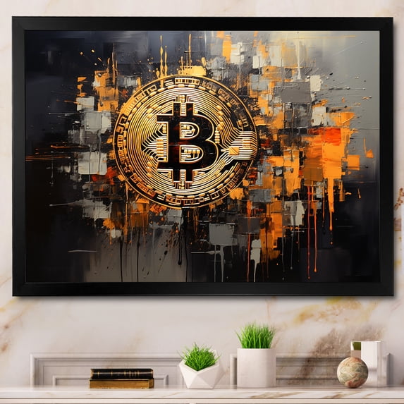 Designart "Classic Gold and Grey Bitcoin Symbol" Fashion Framed Wall Art Decor - Glam Grey Fashion Bitcoin Entryway Framed Wall Art