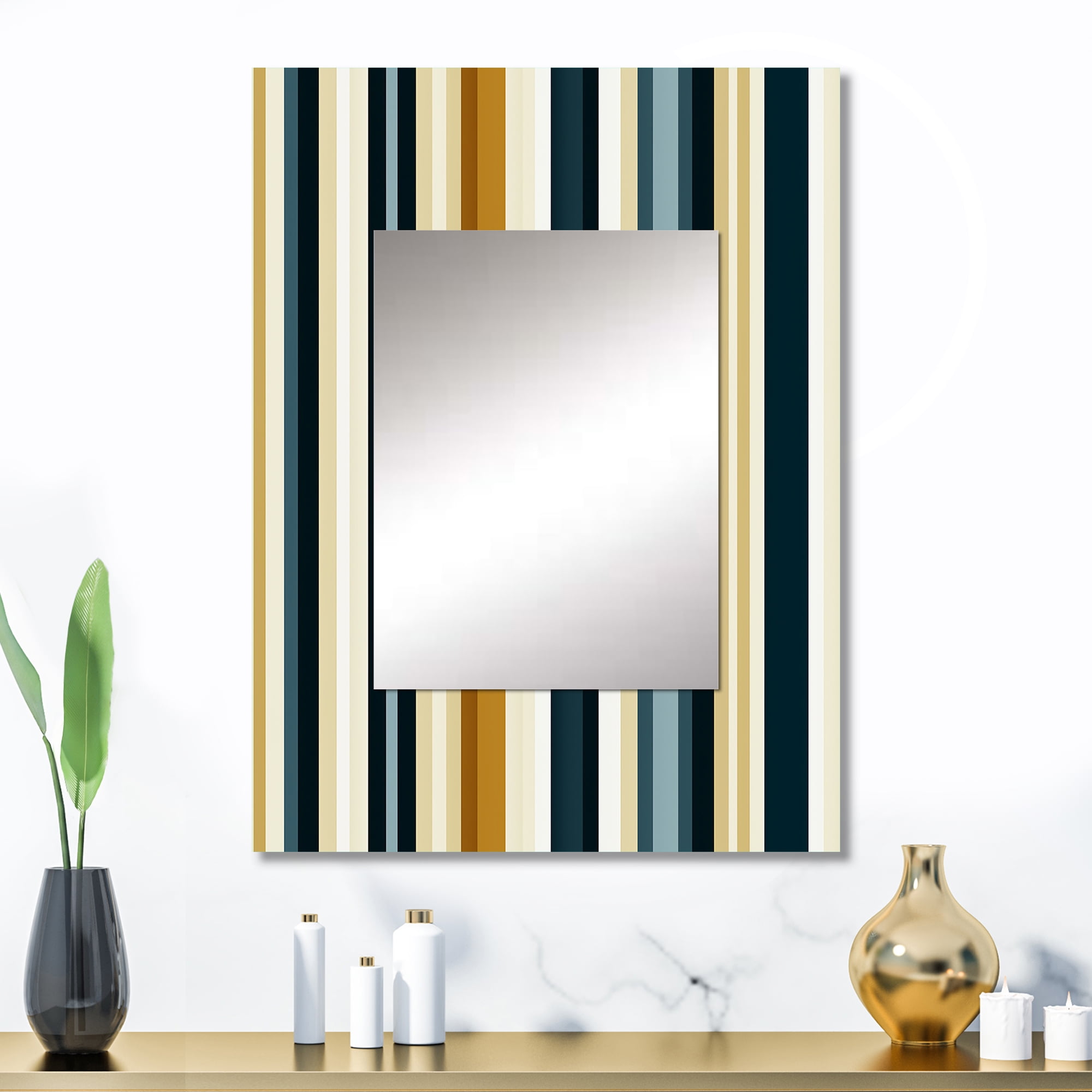 Designart "Classic Pinstripes In Teal And Brown" Abstract Wall Mirror