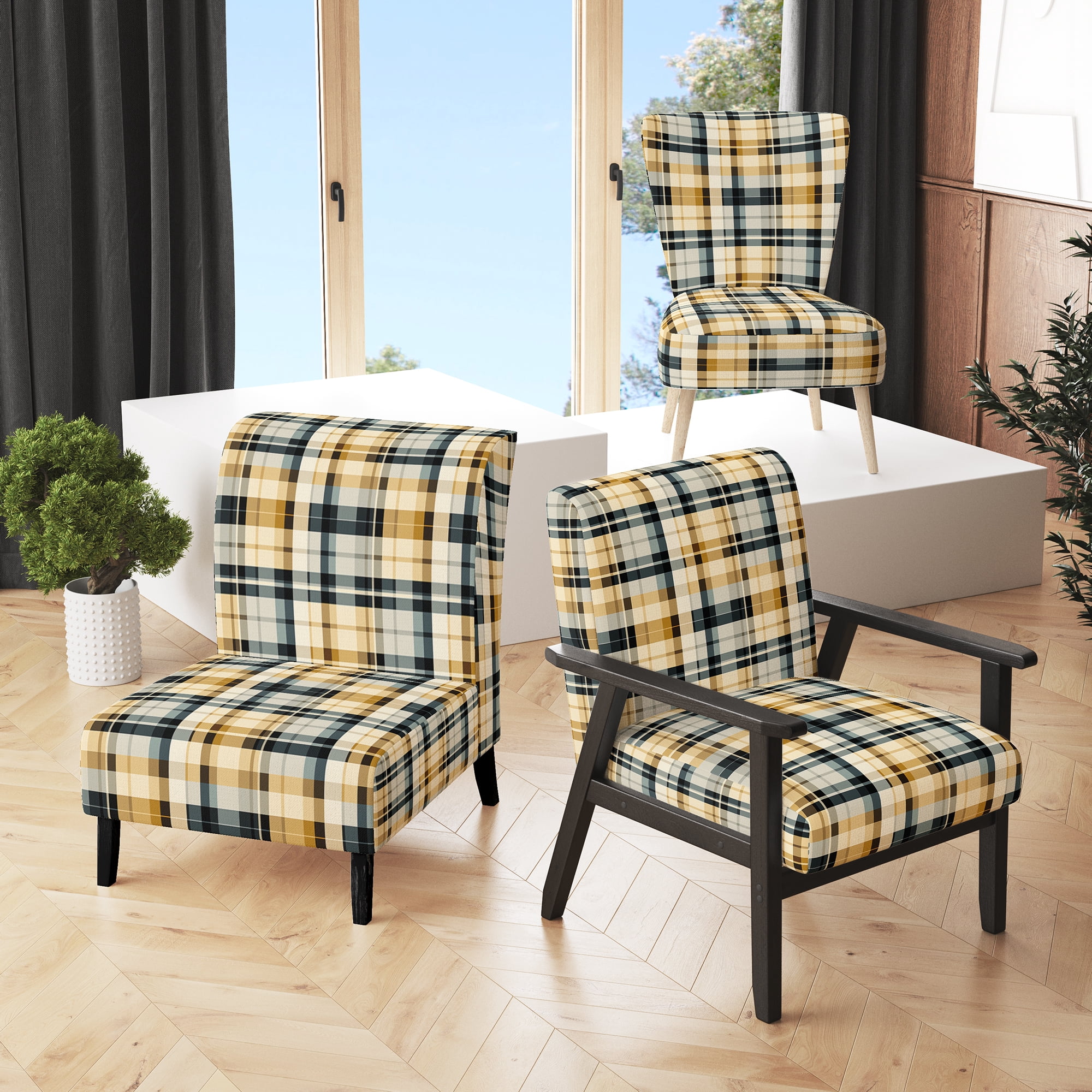 Designart "Classic Plaid Elegance I" Cream Plaid Upholstered Accent ...