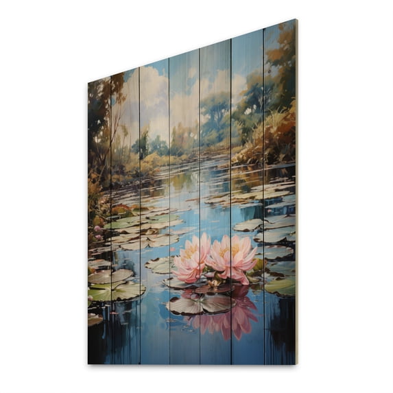 Designart "Claudes Water Lily Pond" Floral Print on Natural Pine Wood