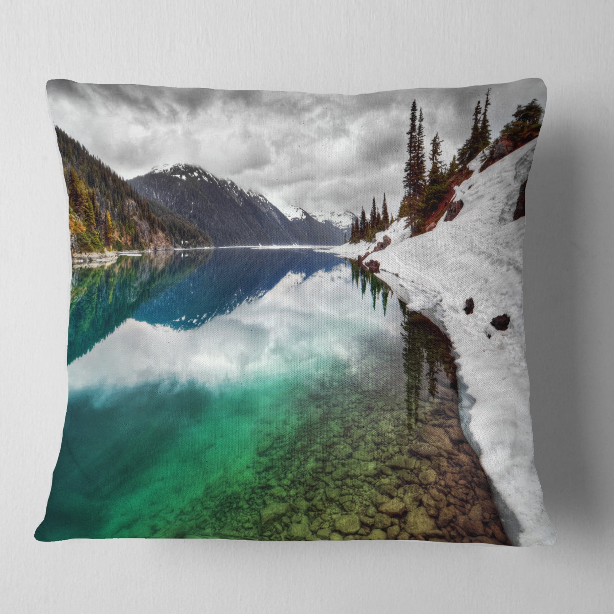 Designart Clear Lake Pine Trees and Mountains - Landscape Printed Throw Pillow - 18x18