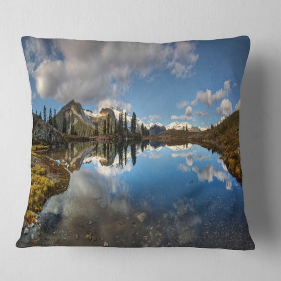 Designart Clear Lake with Pine Trees Panorama - Landscape Printed Throw Pillow - 16x16