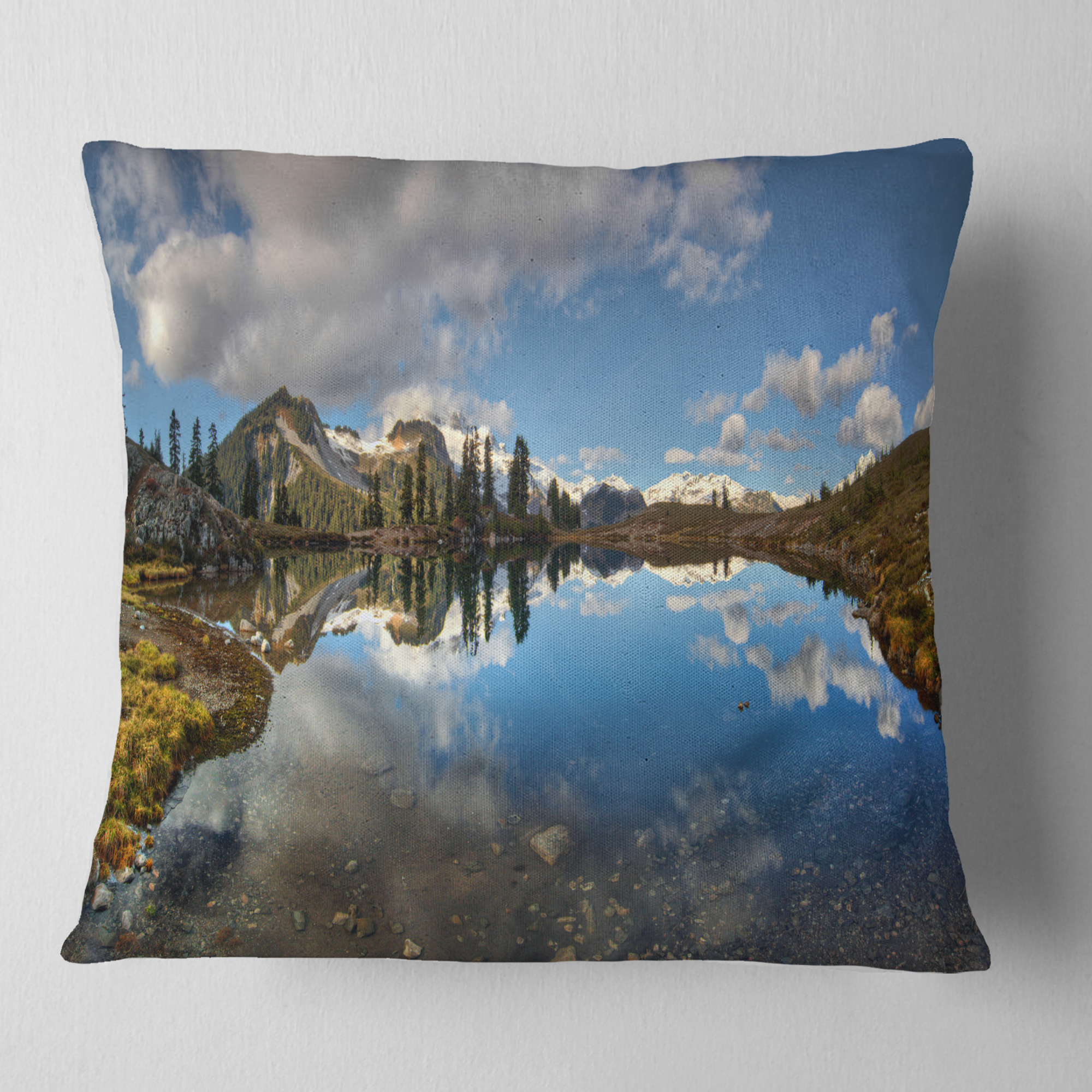 Designart Clear Lake with Pine Trees Panorama - Landscape Printed Throw Pillow - 18x18