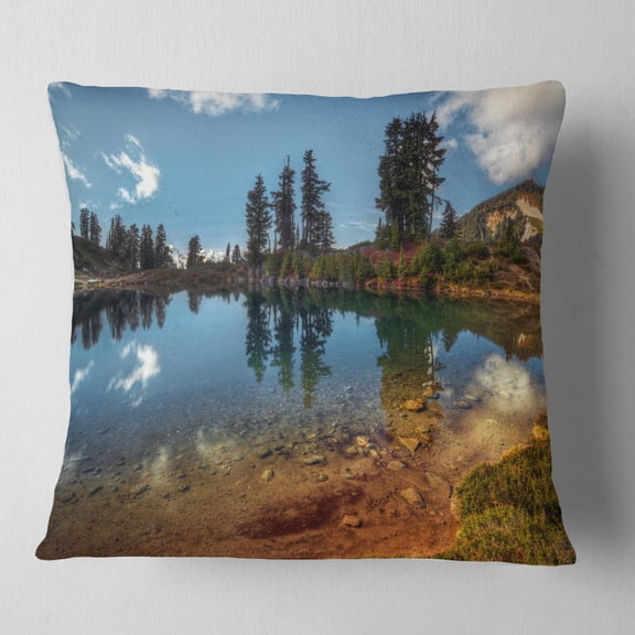 Designart Clear Lake with Row of Pine Trees - Landscape Printed Throw Pillow - 16x16