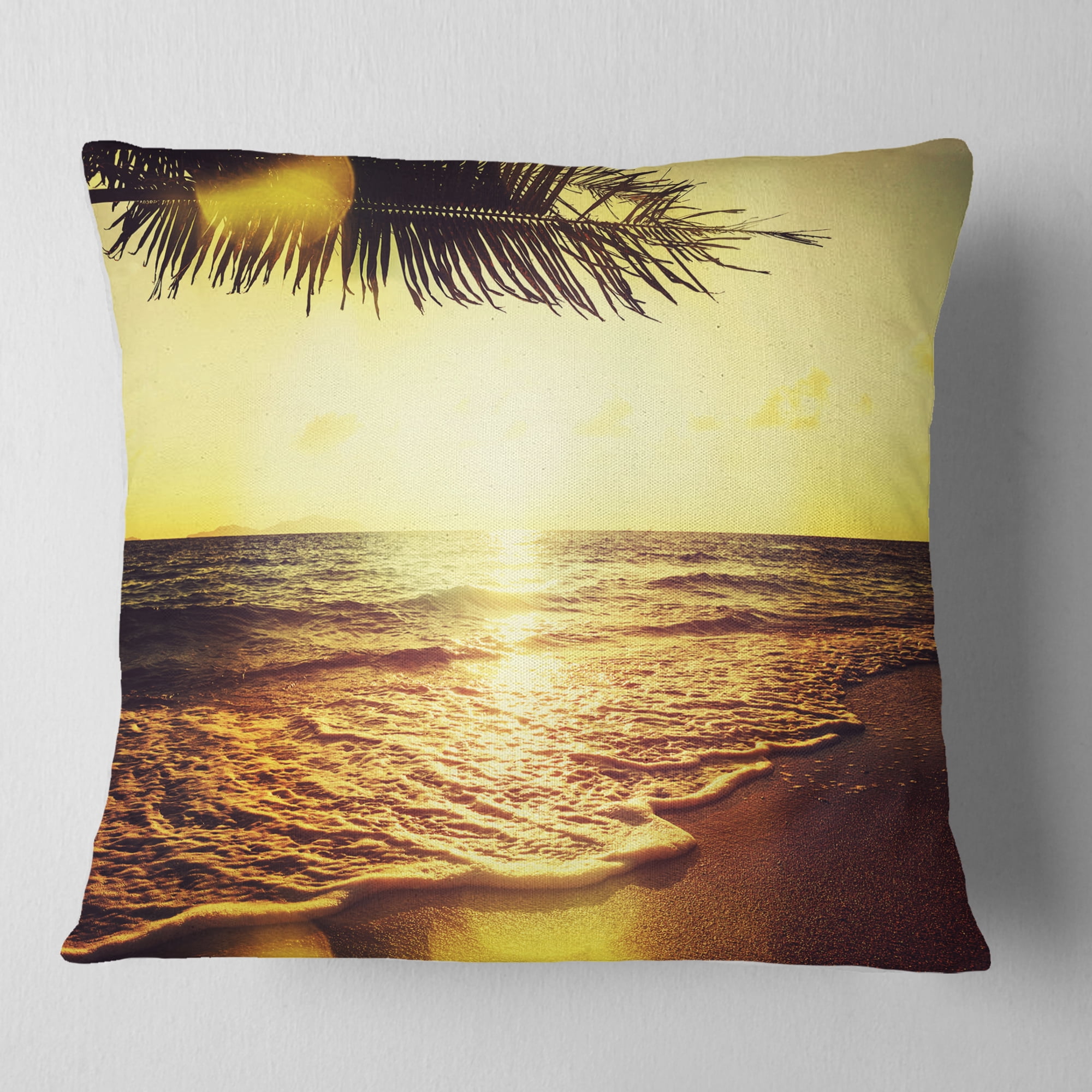 Designart Clear Yellow Tropical Coastline - Seashore Throw Pillow - 16x16