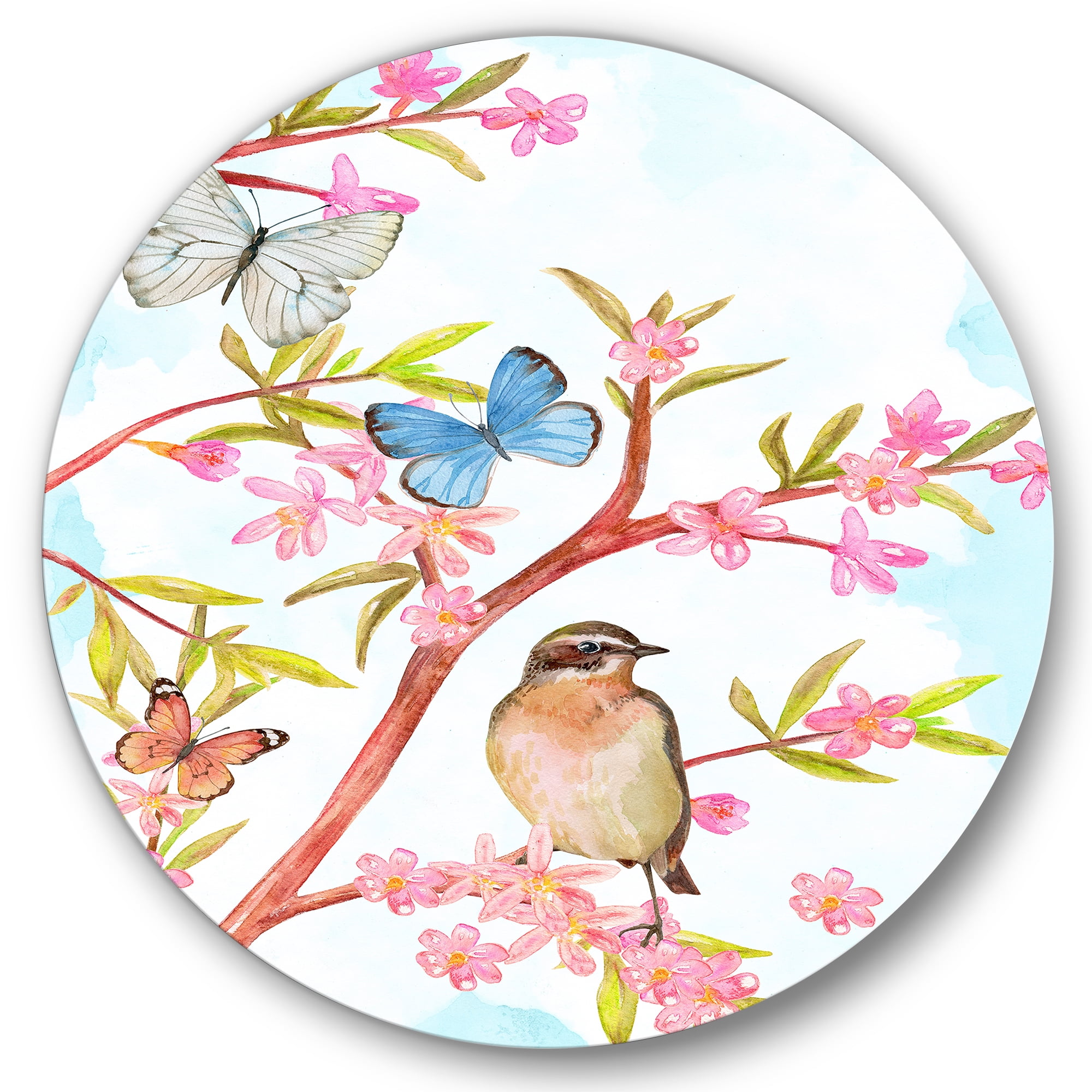 Designart 'Clever Bird Sitting On Branch of A Spring Tree With Butterflies' Traditional Circle Metal Wall Art 29x29 - Disc of 29