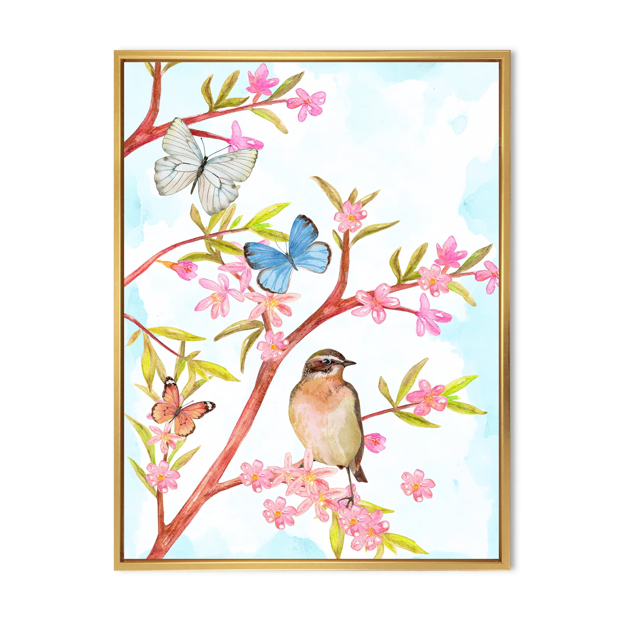 Designart 'Clever Bird Sitting On Branch of A Spring Tree With Butterflies' Traditional Framed Canvas Wall Art Print