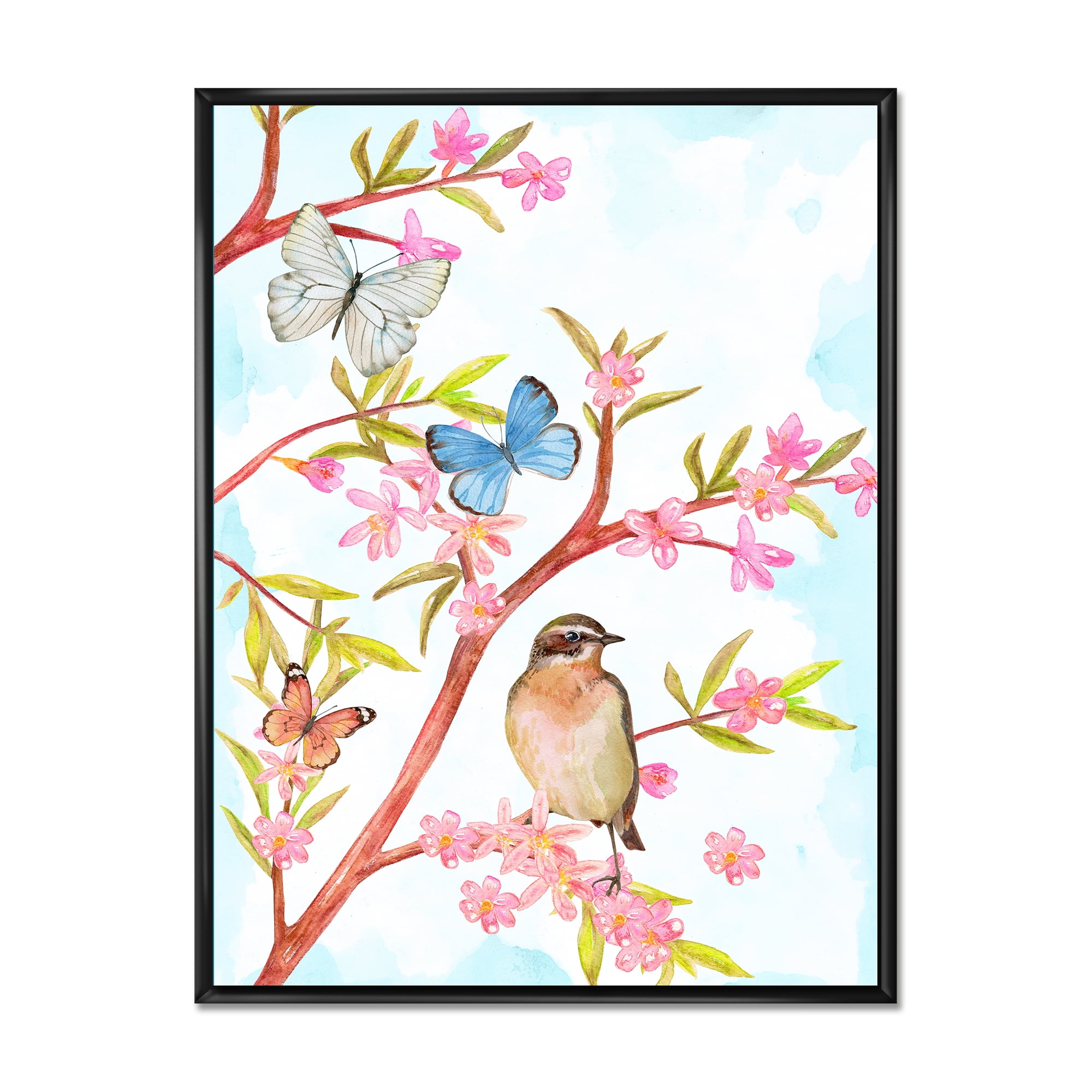 Designart 'Clever Bird Sitting On Branch of A Spring Tree With Butterflies' Traditional Framed Canvas Wall Art Print