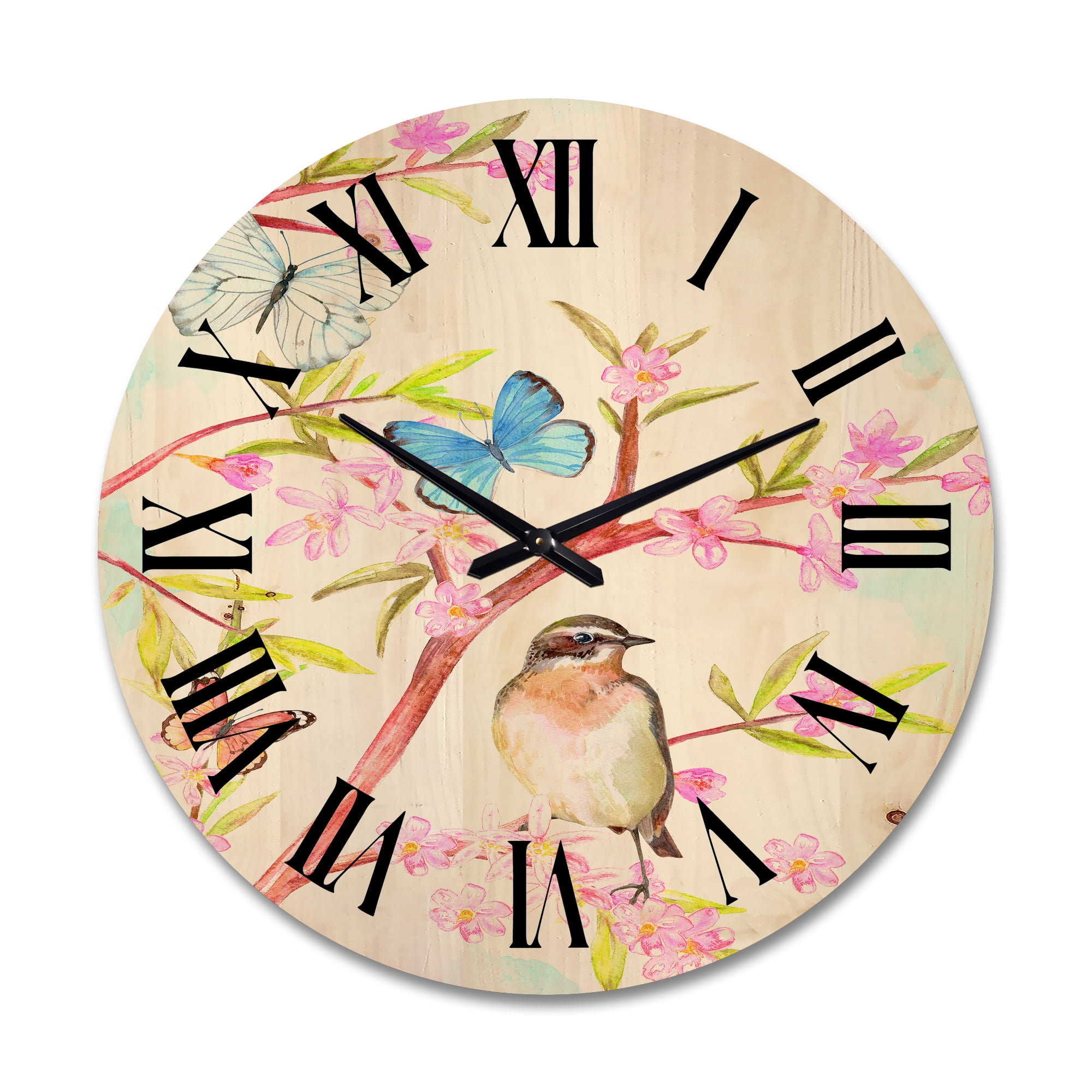Designart 'Clever Bird Sitting On Branch of A Spring Tree With Butterflies' Traditional Wood Wall Clock