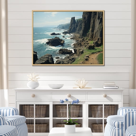 Designart "Cliffs Along the Coastal Ocean II" Landscapes Floater Framed Canvas Print