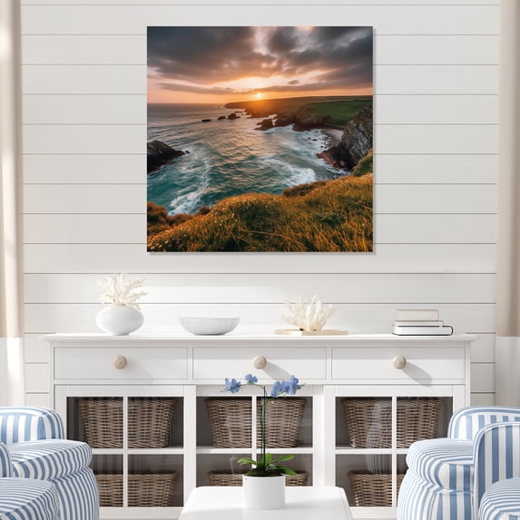 Designart "Cliffside Sunset I" Coastal Metal Wall Art Prints