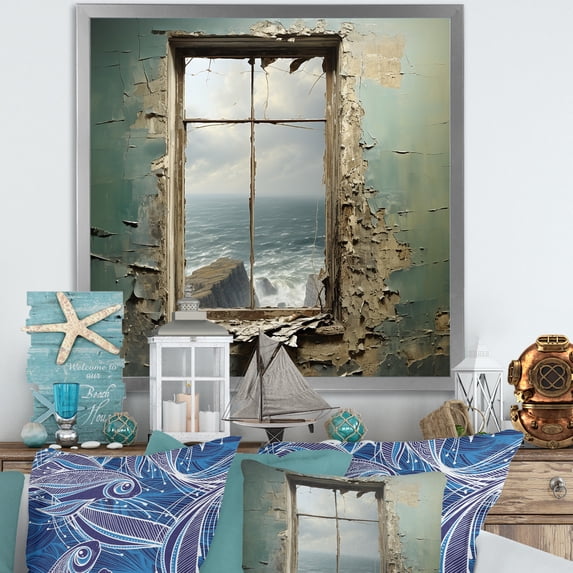 Designart "Cliffside View from Window" Coastal Framed Wall Art Decor - Coastal Green Coastal Windows Entryway Framed Wall Art