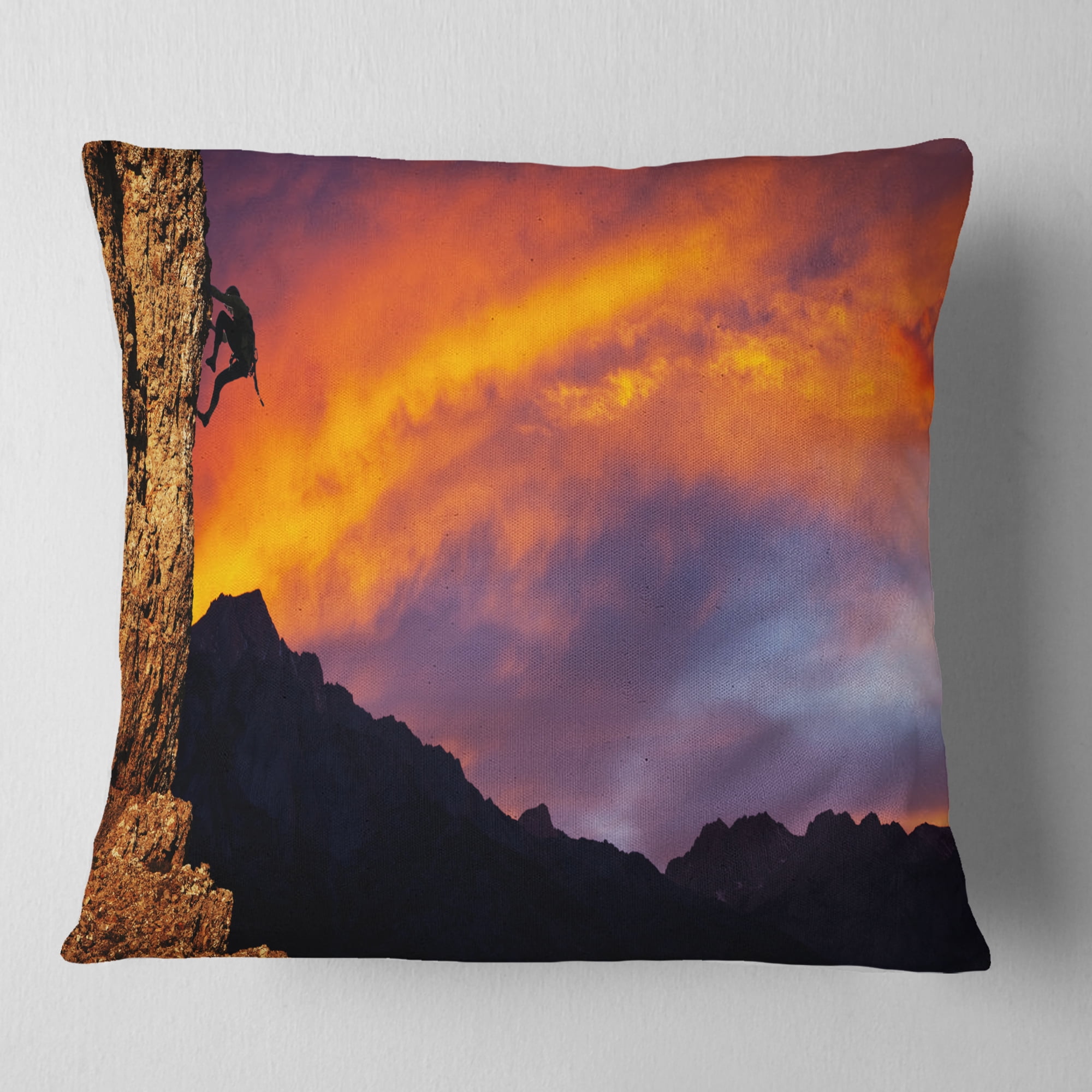 Designart Climber on Sunset Background - Landscape Printed Throw Pillow - 18x18