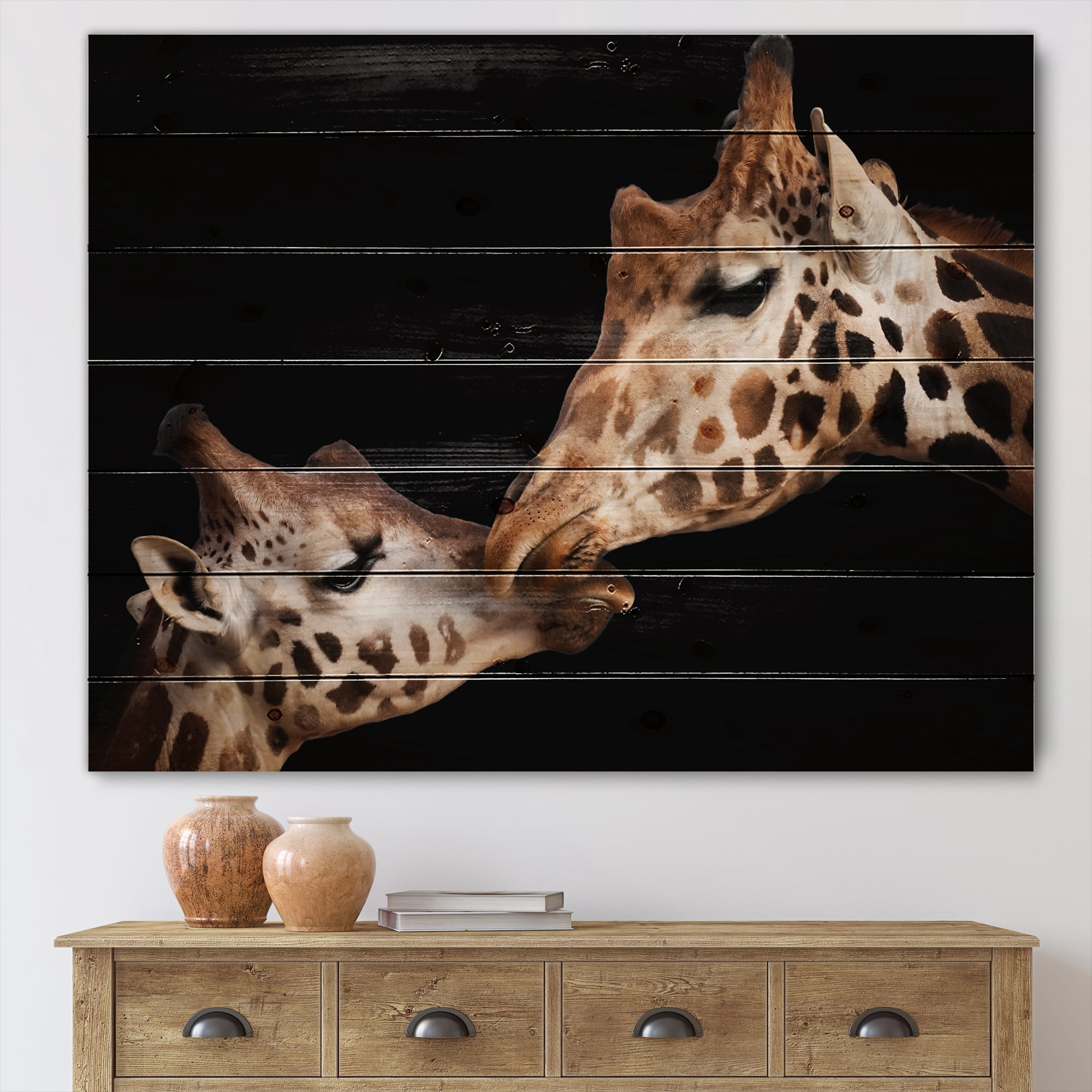 Designart 'Close UP Of Two Giraffes Kissing II' Farmhouse Print on Natural Pine Wood