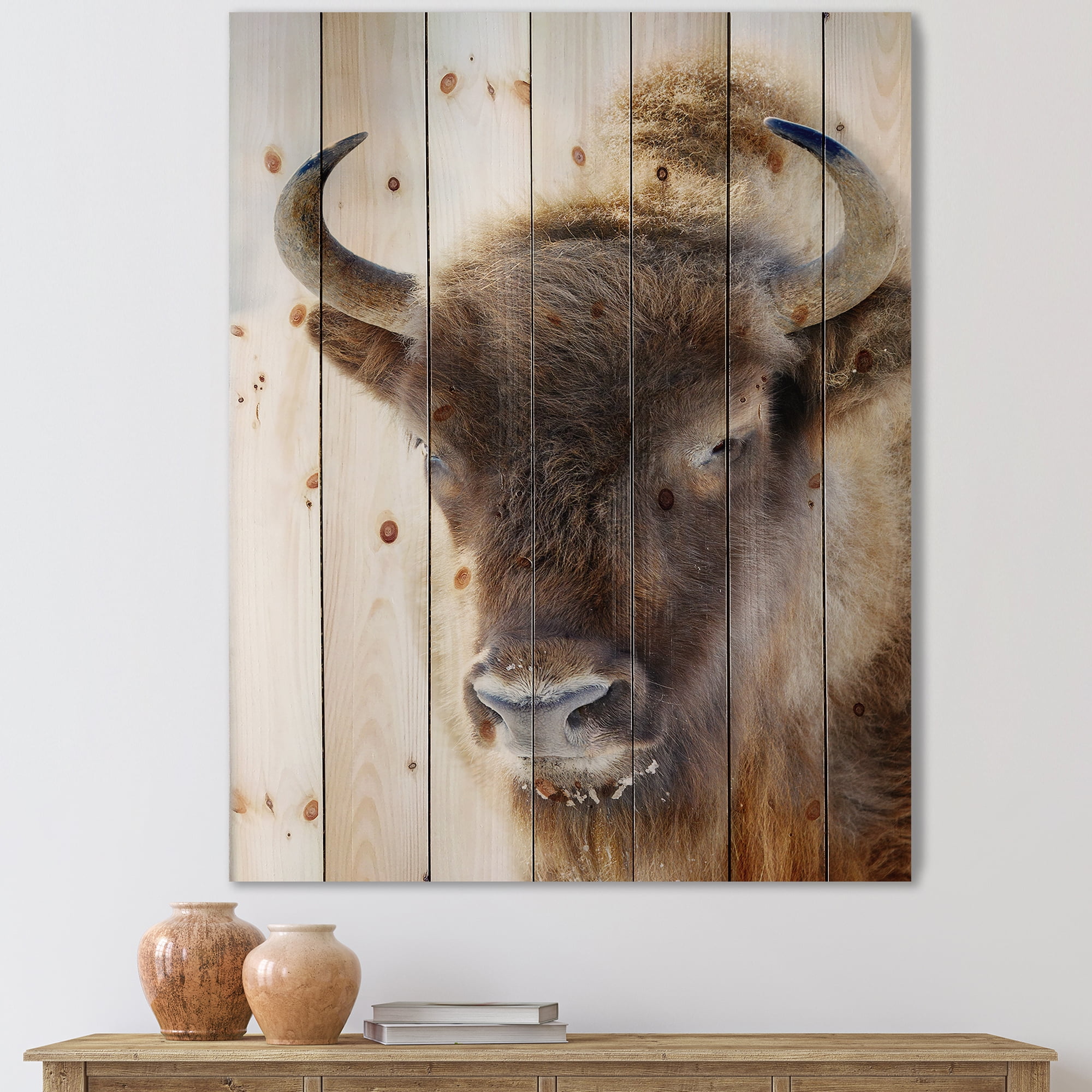 Designart 'Close UP Of Wild Bison' Farmhouse Print on Natural Pine Wood