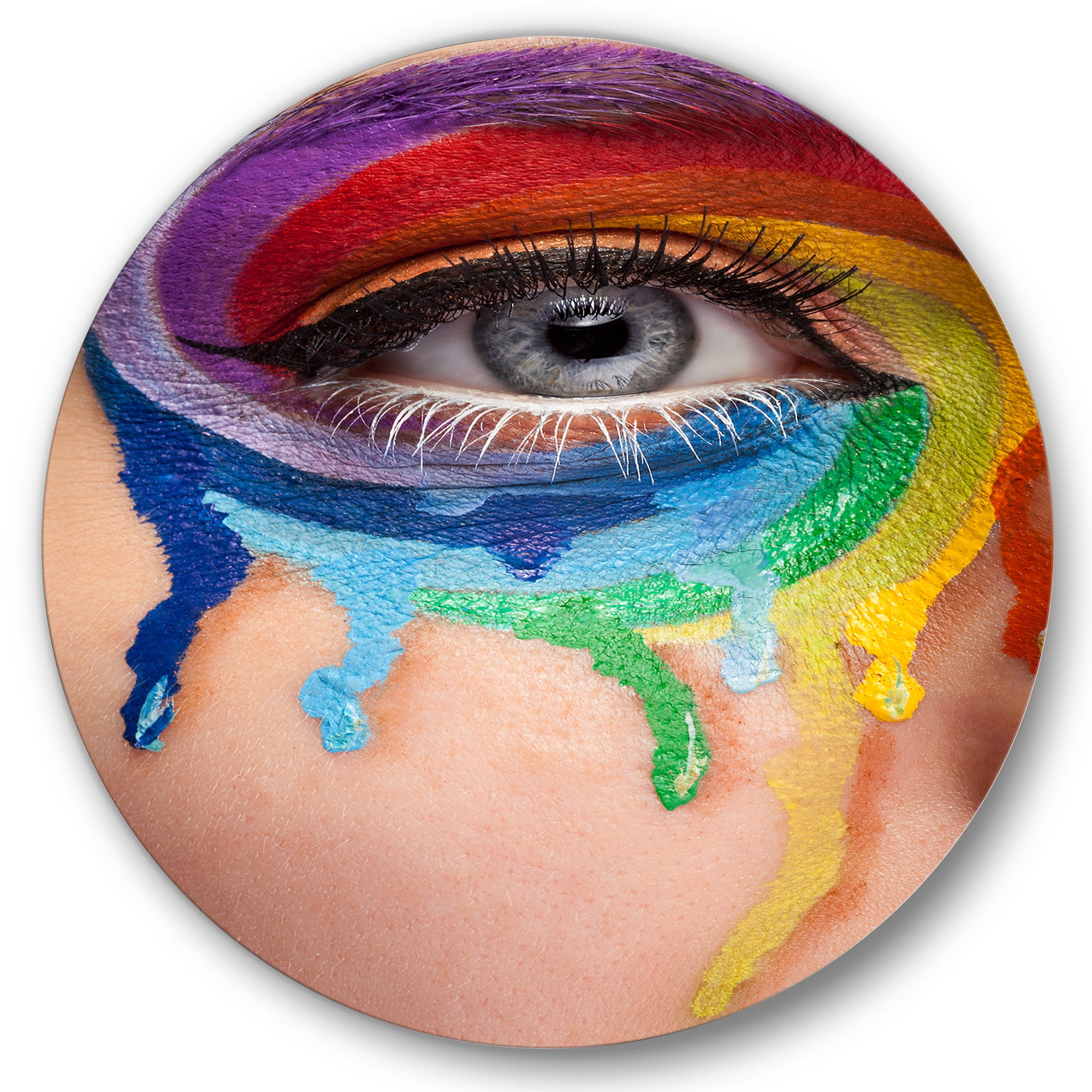 Designart 'Close Up Eye With Colourful Cry In A Wheel Arround' Modern Circle Metal Wall Art 11x11 - Disc of 11