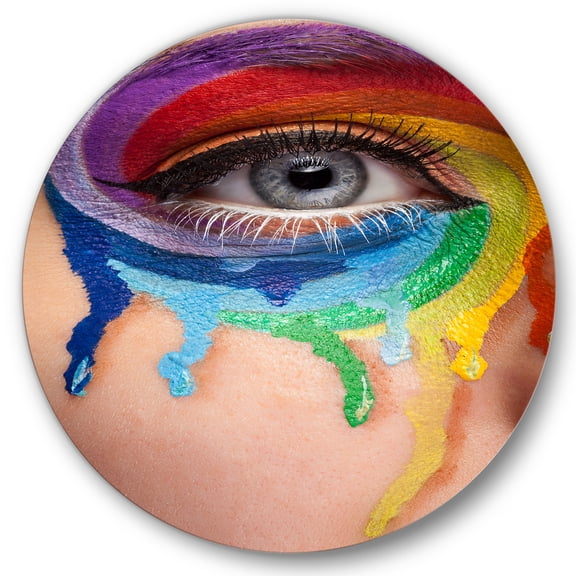 Designart 'Close Up Eye With Colourful Cry In A Wheel Arround' Modern Circle Metal Wall Art 23x23 - Disc of 23