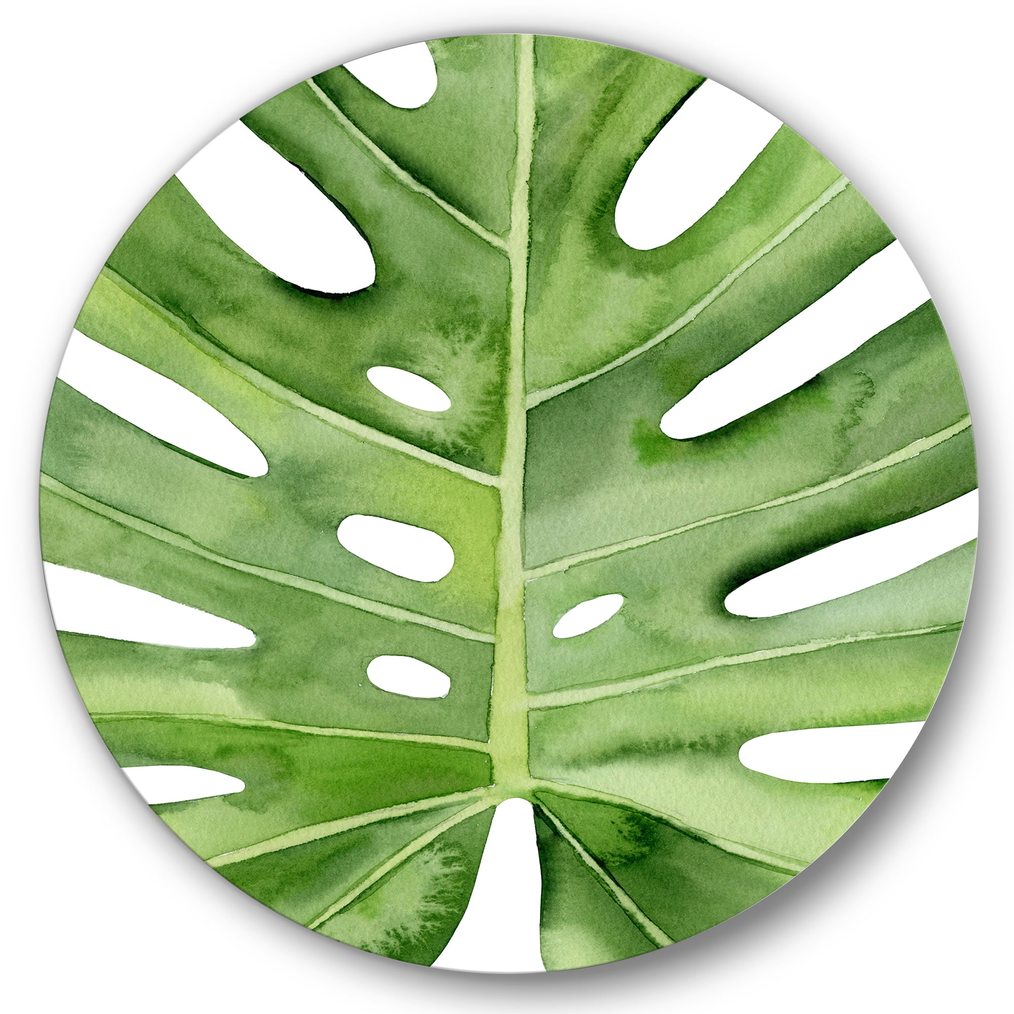 Designart 'Close Up Green Monstera Leaf Tropical Palm' Tropical Circle Metal Wall Art 36x36 - Disc of 36
