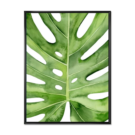 Designart 'Close Up Green Monstera Leaf Tropical Palm' Tropical Framed Canvas Wall Art Print