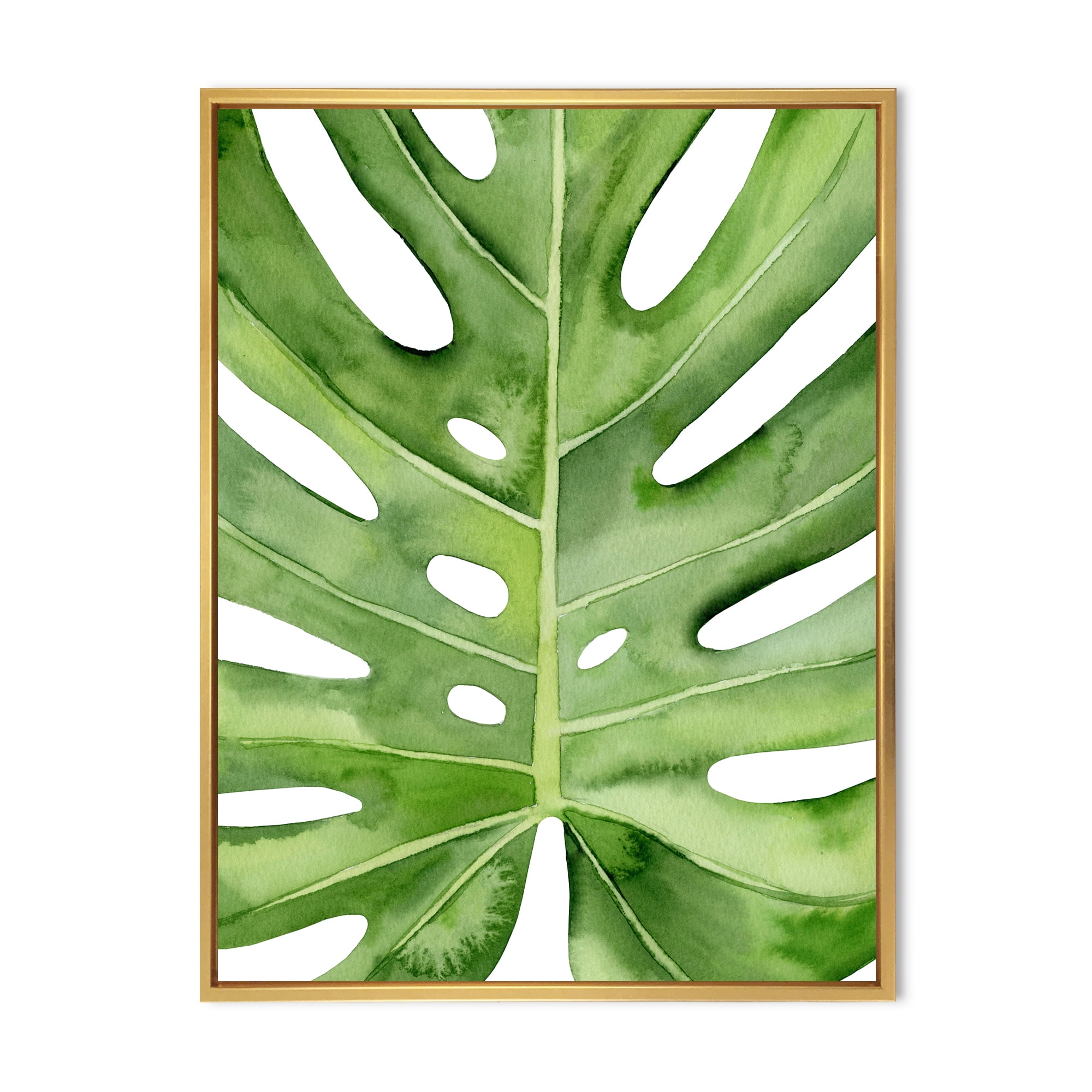 Designart 'Close Up Green Monstera Leaf Tropical Palm' Tropical Framed Canvas Wall Art Print
