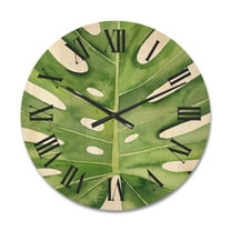 Designart 'Close Up Green Monstera Leaf Tropical Palm' Tropical Wood Wall Clock