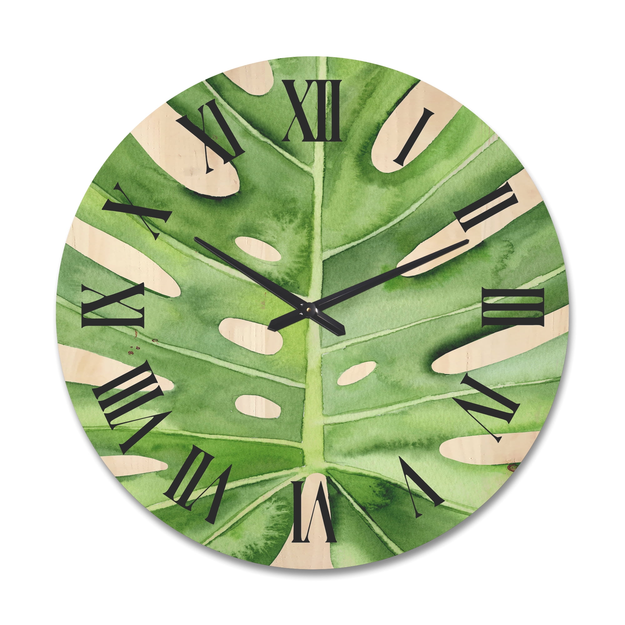 Designart 'Close Up Green Monstera Leaf Tropical Palm' Tropical Wood Wall Clock