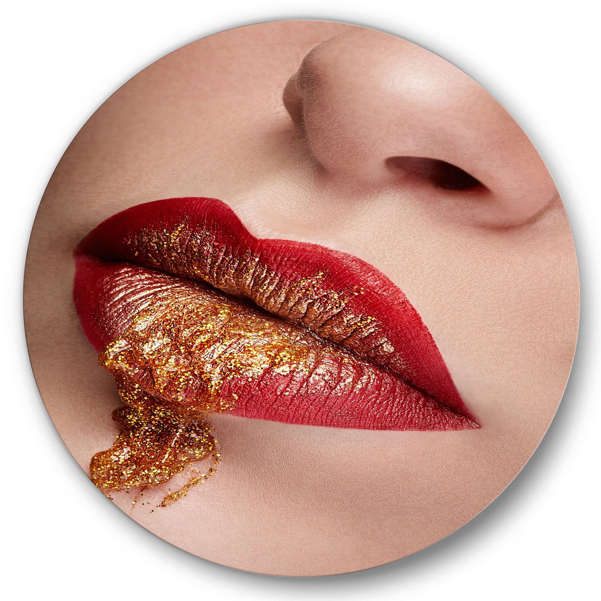 Designart 'Close Up Lips With Gold and Red Make Up' Modern Circle Metal Wall Art 23x23 - Disc of 23
