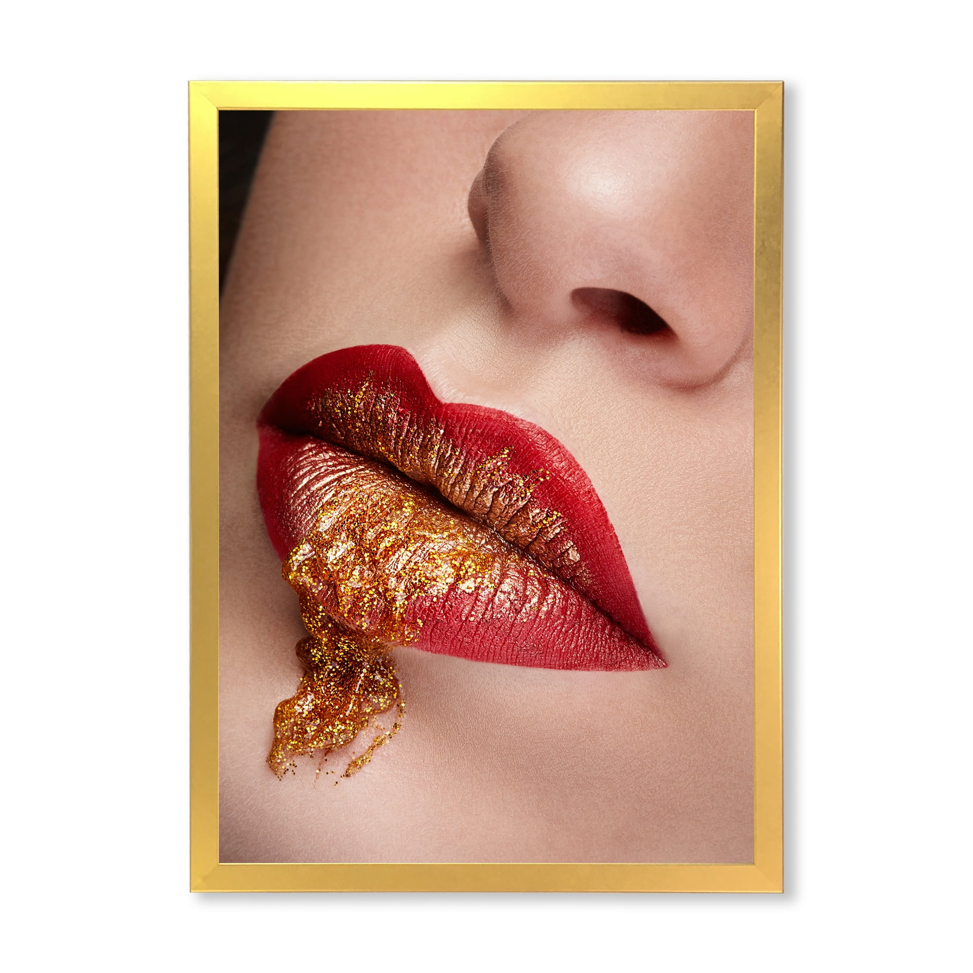 Designart 'Close Up Lips With Gold and Red Make Up' Modern Framed Art Print