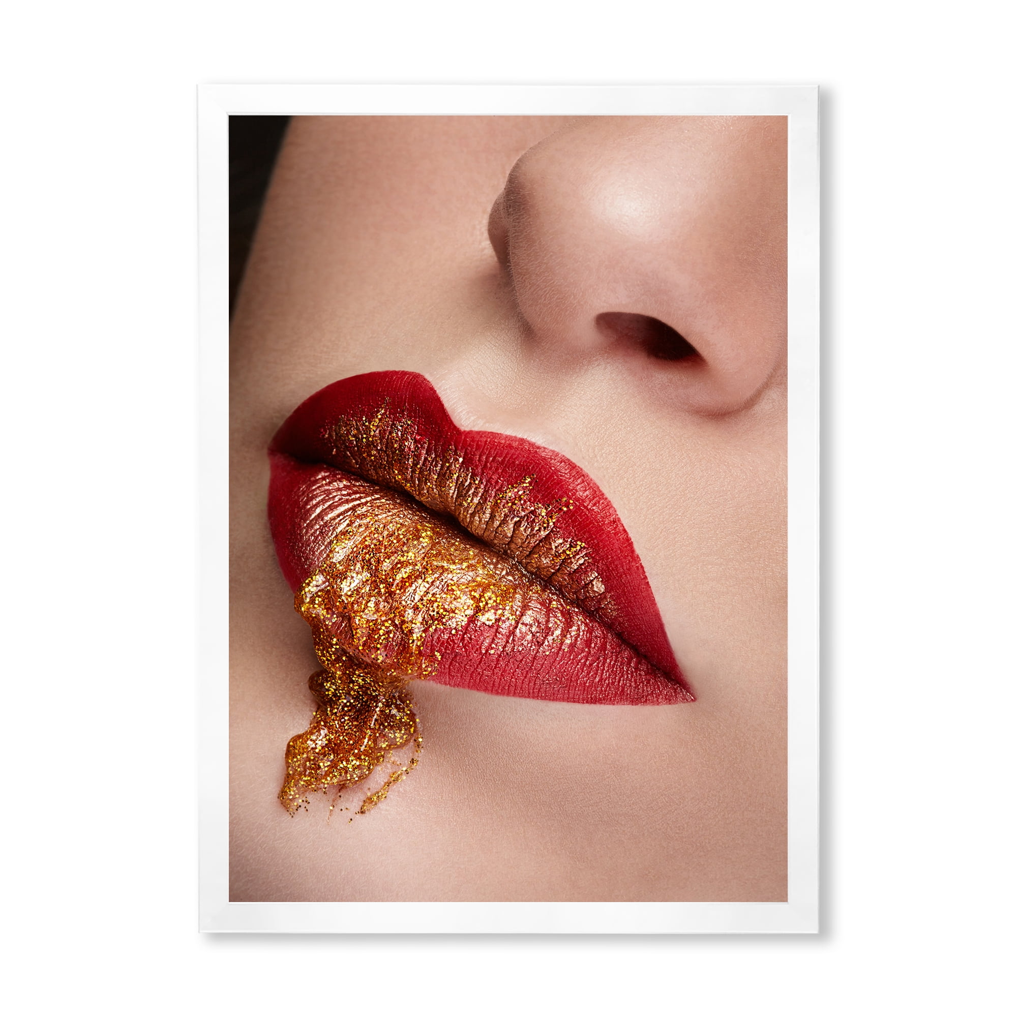 Designart 'Close Up Lips With Gold and Red Make Up' Modern Framed Art Print