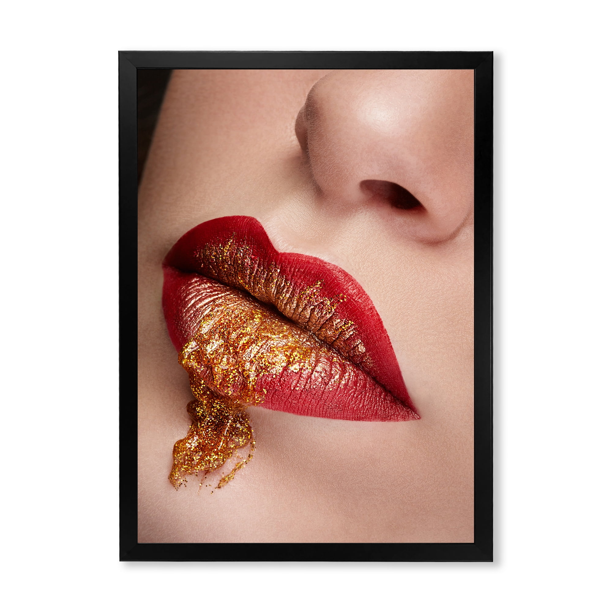 Designart 'Close Up Lips With Gold and Red Make Up' Modern Framed Art Print