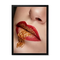 Designart 'Close Up Lips With Gold and Red Make Up' Modern Framed Art Print