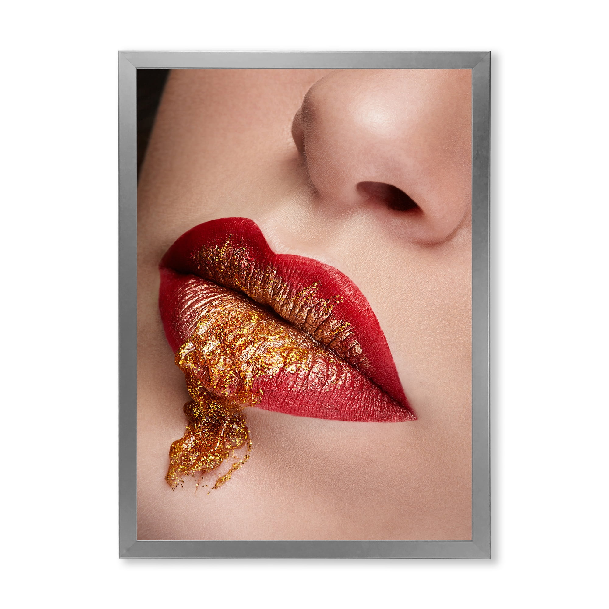 Designart 'Close Up Lips With Gold and Red Make Up' Modern Framed Art Print