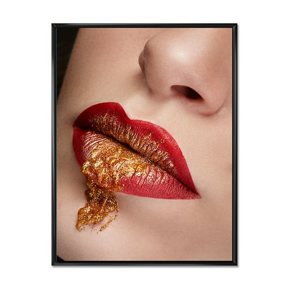 Designart 'Close Up Lips With Gold and Red Make Up' Modern Framed Canvas Wall Art Print