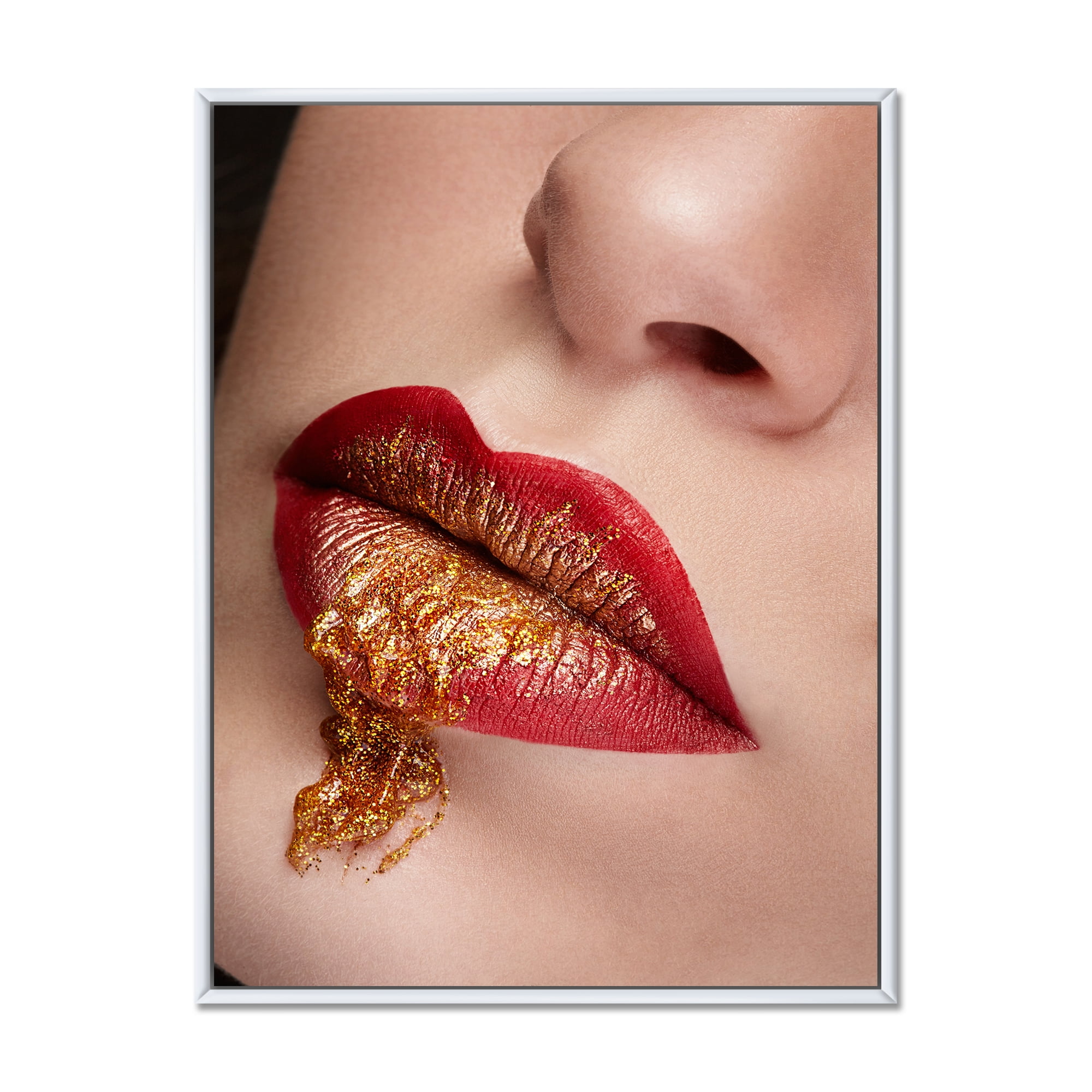 Designart 'Close Up Lips With Gold and Red Make Up' Modern Framed Canvas Wall Art Print