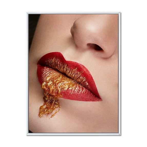 Designart 'Close Up Lips With Gold and Red Make Up' Modern Framed Canvas Wall Art Print