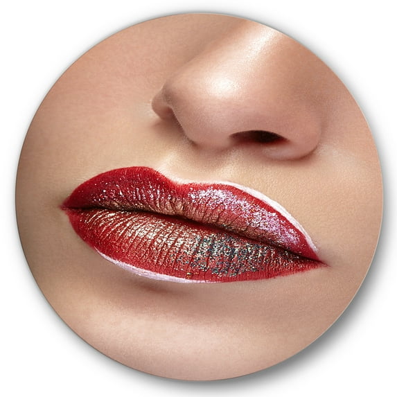 Designart 'Close Up Lips With Professional Lipstick and Make Up' Modern Circle Metal Wall Art 23x23 - Disc of 23