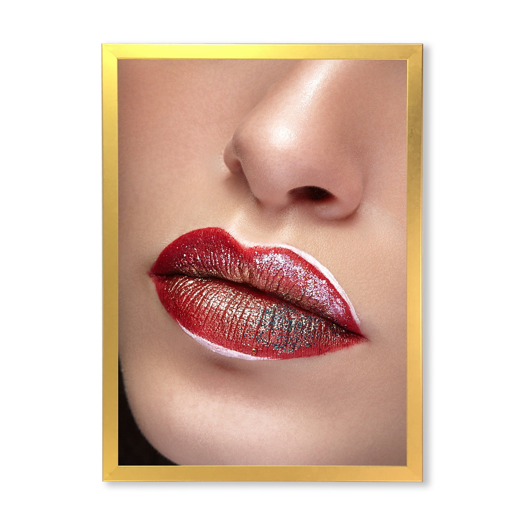 Designart 'Close Up Lips With Professional Lipstick and Make Up' Modern Framed Art Print