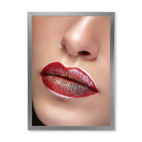 Designart 'Close Up Lips With Professional Lipstick and Make Up' Modern Framed Art Print