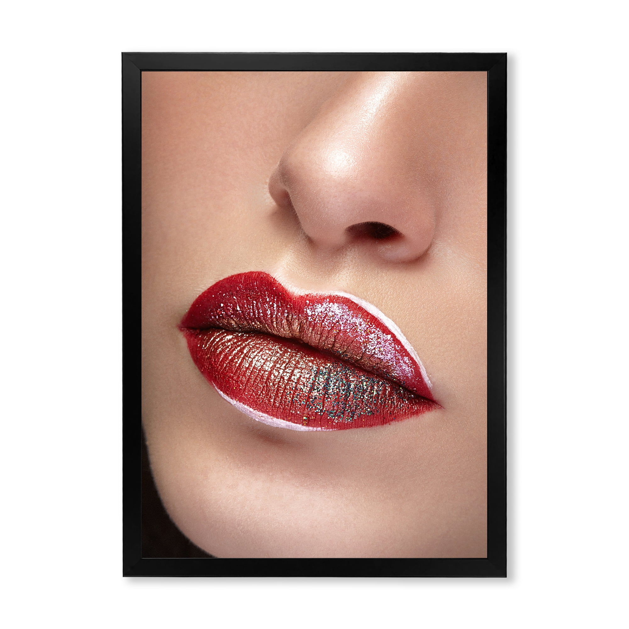 Designart 'Close Up Lips With Professional Lipstick and Make Up' Modern Framed Art Print