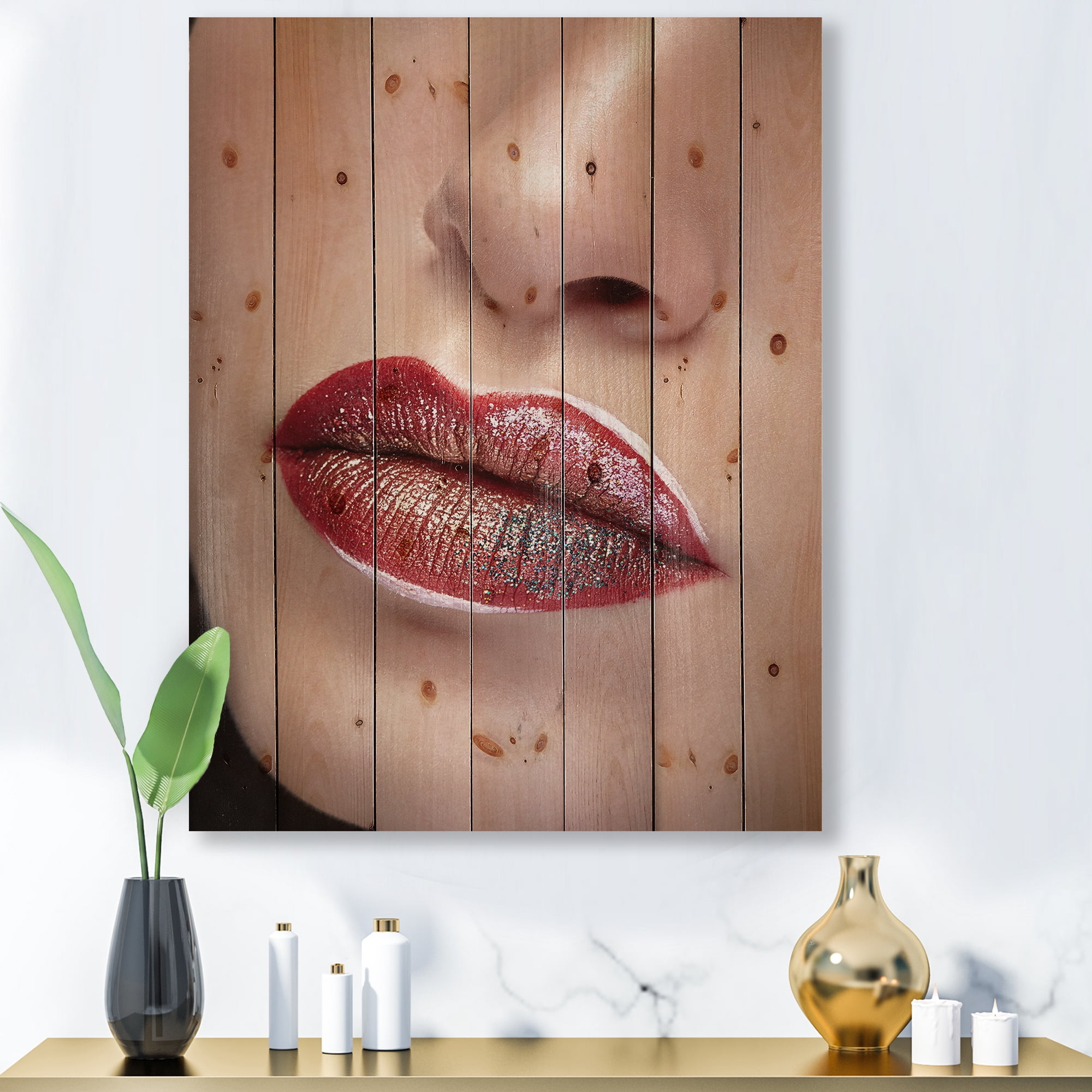 Designart 'Close Up Lips With Professional Lipstick and Make Up' Modern Print on Natural Pine Wood