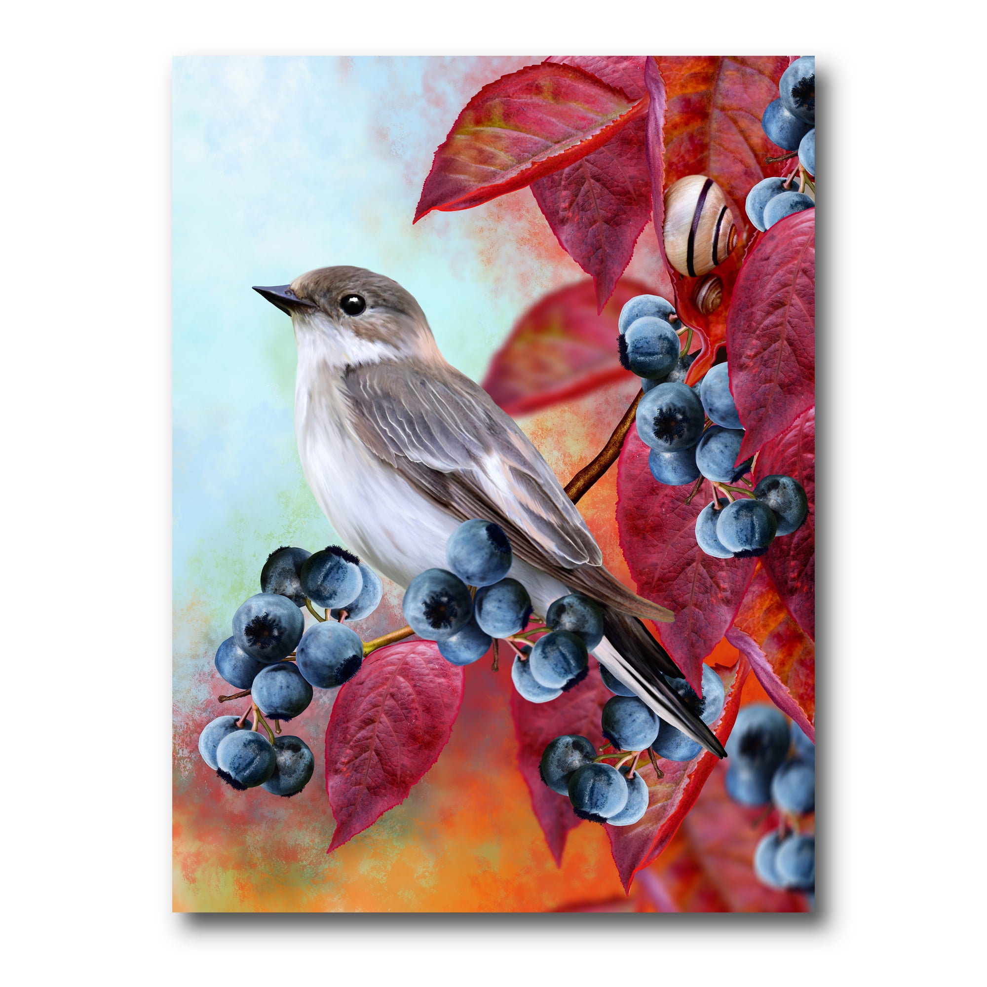 Designart ' Close Up Little Gray Bird On Red Autumn On Blueberry Twig ' Traditional Canvas Wall Art Print