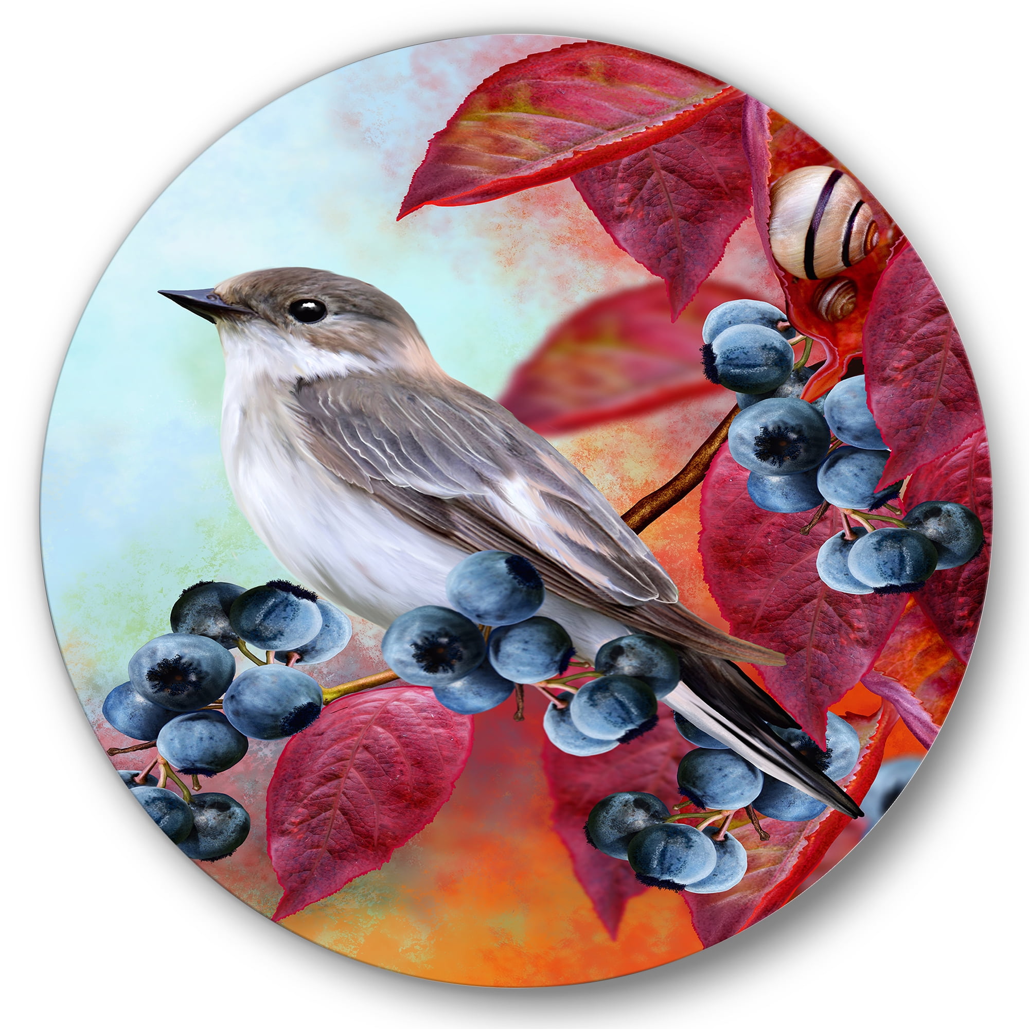 Designart 'Close Up Little Gray Bird On Red Autumn On Blueberry Twig' Traditional Circle Metal Wall Art 29x29 - Disc of 29