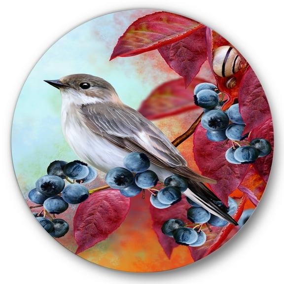 Designart 'Close Up Little Gray Bird On Red Autumn On Blueberry Twig' Traditional Circle Metal Wall Art 36x36 - Disc of 36