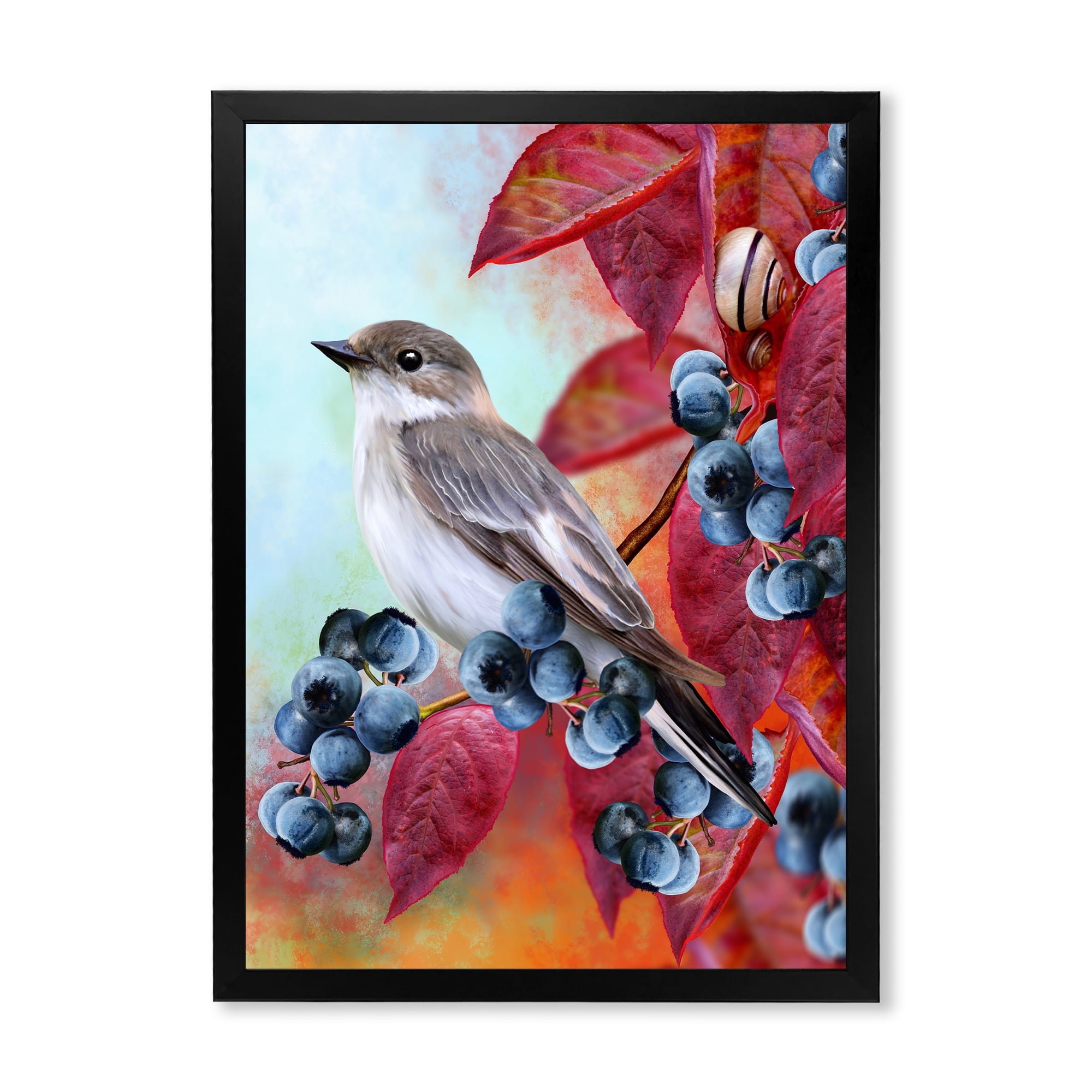 Designart 'Close Up Little Gray Bird On Red Autumn On Blueberry Twig' Traditional Framed Art Print