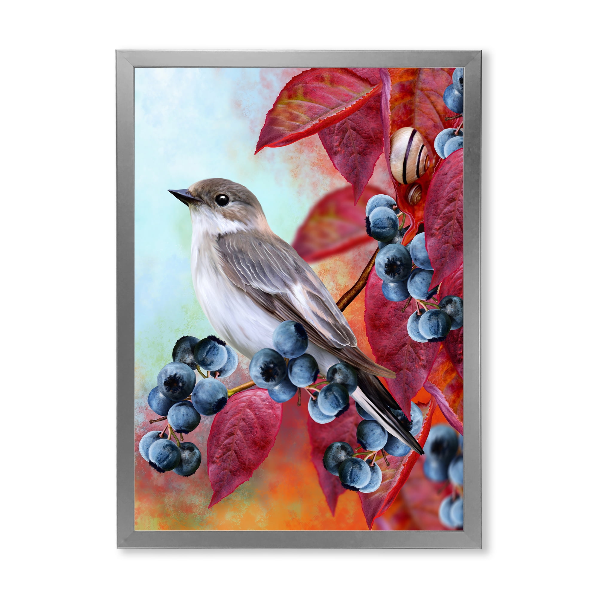 Designart 'Close Up Little Gray Bird On Red Autumn On Blueberry Twig' Traditional Framed Art Print